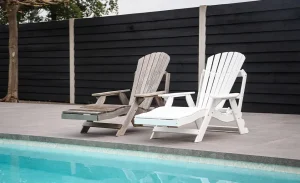 plastic sun lounger next to wooden sun lounger